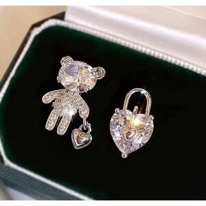 Heart & Bear Statement Stud Earrings Asymmetrical Silver Accent Fine Jewelry